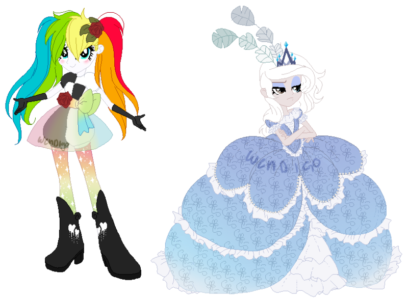 Size: 835x615 | Tagged: safe, artist:axolotlshy, banned from derpibooru, deleted from derpibooru, derpibooru import, oc, oc:candlelight, oc:featherfall, unofficial characters only, equestria girls, base used, boots, clothes, crossed arms, dress, duo, equestria girls-ified, evening gloves, eyelashes, female, flower, flower in hair, frown, gloves, high heel boots, long gloves, makeup, multicolored hair, rainbow hair, rose, shoes, simple background, transparent background