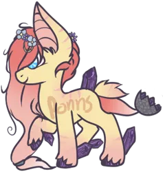 Size: 339x357 | Tagged: safe, artist:ponns, banned from derpibooru, deleted from derpibooru, derpibooru import, oc, unofficial characters only, original species, augmented tail, crystal, female, floral head wreath, flower, hoof polish, leonine tail, mineralite, raised hoof, simple background, smiling, solo, transparent background, unshorn fetlocks