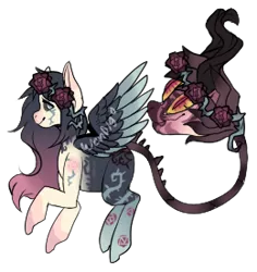 Size: 260x276 | Tagged: safe, artist:axolotlshy, banned from derpibooru, deleted from derpibooru, derpibooru import, oc, unofficial characters only, cow plant pony, monster pony, original species, plant pony, augmented tail, base used, floral head wreath, flower, horn, plant, simple background, smiling, tattoo, transparent background, wings