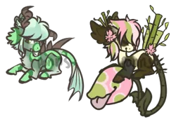 Size: 378x268 | Tagged: safe, artist:ponns, banned from derpibooru, deleted from derpibooru, derpibooru import, oc, unofficial characters only, monster pony, original species, piranha plant pony, plant pony, augmented tail, bamboo, base used, eyes closed, fish tail, flower, flower in hair, horns, plant, prone, simple background, tongue out, transparent background, watermark