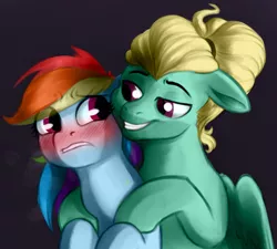 Size: 1000x900 | Tagged: safe, artist:sand-filled-scarecrow, banned from derpibooru, deleted from derpibooru, derpibooru import, rainbow dash, zephyr breeze, pegasus, pony, blushing, clopfic linked in description, female, hairband, hug, looking at each other, male, shipping, simple background, smug, straight, zephdash