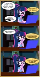 Size: 3528x6840 | Tagged: safe, artist:paulysentry, banned from derpibooru, deleted from derpibooru, derpibooru import, sci-twi, sunset shimmer, twilight sparkle, equestria girls, accident, censored vulgarity, computer, geode of telekinesis, headphones, laptop computer, laughing, magical geodes, meme, playing, ponytail, rage, rage face, room, unfair
