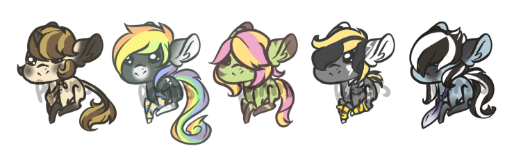 Size: 740x210 | Tagged: safe, artist:ponns, banned from derpibooru, deleted from derpibooru, derpibooru import, oc, unofficial characters only, earth pony, pegasus, pony, unicorn, base used, ear fluff, earth pony oc, eyepatch, hair over eyes, horn, leg warmers, neckerchief, necktie, pegasus oc, prone, simple background, smiling, transparent background, unicorn oc, wings