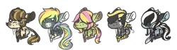 Size: 740x210 | Tagged: safe, artist:ponns, banned from derpibooru, deleted from derpibooru, derpibooru import, oc, unofficial characters only, earth pony, pegasus, pony, unicorn, base used, ear fluff, earth pony oc, eyepatch, hair over eyes, horn, leg warmers, neckerchief, necktie, pegasus oc, prone, simple background, smiling, transparent background, unicorn oc, wings