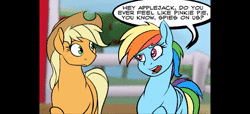 Size: 650x296 | Tagged: safe, artist:acesential, banned from derpibooru, deleted from derpibooru, derpibooru import, edit, fifteen.ai, applejack, pinkie pie, rainbow dash, earth pony, pegasus, pony, aivo, animated, apple, apple tree, applejack's hat, avo, comic, comic dub, cowboy hat, dialogue, eye contact, floppy ears, food, forced smile, fourth wall, grin, hat, looking at each other, open mouth, paranoia fuel, scared, sitting, smiling, sound, sound only, speech bubble, spying, stalker, sweat, tree, webm