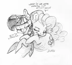 Size: 1784x1627 | Tagged: safe, artist:dilarus, banned from derpibooru, deleted from derpibooru, derpibooru import, pinkie pie, twilight sparkle, twilight sparkle (alicorn), alicorn, earth pony, pony, ..., dialogue, female, hug, lesbian, mare, monochrome, shipping, simple background, traditional art, twinkie, white background