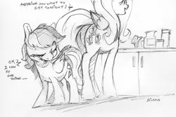 Size: 2239x1498 | Tagged: suggestive, artist:dilarus, banned from derpibooru, deleted from derpibooru, derpibooru import, fluttershy, rainbow dash, pegasus, pony, comic:eating out, ..., butt, dialogue, explicit source, female, flutterbutt, flutterdash, lesbian, mare, monochrome, open mouth, shipping, signature, simple background, size difference, smoldash, tallershy, traditional art, white background