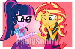 Size: 3383x2189 | Tagged: safe, artist:paulysentry, banned from derpibooru, deleted from derpibooru, derpibooru import, sci-twi, sunset shimmer, twilight sparkle, equestria girls, bandage, clothes, duo, female, geode of empathy, geode of telekinesis, glasses, magical geodes, one eye closed, ponytail, skirt, teary eyes, vest, watermark