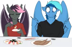 Size: 1462x945 | Tagged: safe, artist:acesential, banned from derpibooru, deleted from derpibooru, derpibooru import, oc, oc:nerita, oc:quill, oc:umami stale, unofficial characters only, anthro, bat pony, pegasus, chopsticks, duo, eating, food, meat, ponies eating meat, ponies eating seafood, seafood, sushi