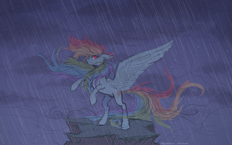 Size: 4000x2504 | Tagged: safe, artist:hawthornss, artist:petrinox, banned from derpibooru, deleted from derpibooru, derpibooru import, rainbow dash, pegasus, pony, cloud, female, floppy ears, long mane, looking at you, mare, rain, rearing, sketch, solo, storm, wind, windswept mane