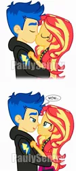 Size: 900x2017 | Tagged: safe, artist:paulysentry, banned from derpibooru, deleted from derpibooru, derpibooru import, flash sentry, sunset shimmer, equestria girls, 2 panel comic, comic, cute, dialogue, female, flashimmer, geode of empathy, kissing, magical geodes, male, obtrusive watermark, shipping, smiling, speech bubble, straight, watermark