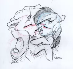 Size: 1700x1608 | Tagged: suggestive, artist:dilarus, banned from derpibooru, deleted from derpibooru, derpibooru import, fluttershy, rainbow dash, beanbrows, blushing, eyebrows, female, floppy ears, flutterdash, french kiss, kissing, lesbian, shipping, signature, simple background, sketch, smoldash, tallershy, white background