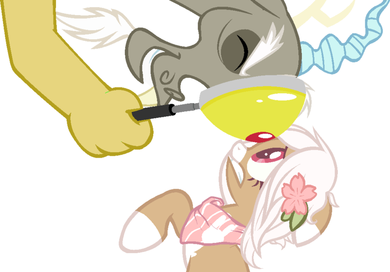 Size: 1031x720 | Tagged: safe, artist:ponns, banned from derpibooru, deleted from derpibooru, derpibooru import, discord, oc, oc:bloom, draconequus, original species, plant pony, base used, duo, female, flower, flower in hair, magnifying glass, neckerchief, one eye closed, plant, raised hoof, simple background, socks (coat marking), transparent background, worried