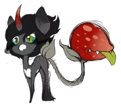 Size: 600x532 | Tagged: safe, artist:ponns, banned from derpibooru, deleted from derpibooru, derpibooru import, oc, unofficial characters only, monster pony, original species, piranha plant pony, plant pony, augmented tail, colored horn, curved horn, fangs, female, hoof fluff, horn, plant, simple background, sombra eyes, sombra's horn, tongue out, transparent background