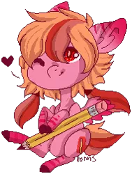 Size: 190x251 | Tagged: safe, artist:ponns, banned from derpibooru, deleted from derpibooru, derpibooru import, oc, unofficial characters only, earth pony, pony, colored hooves, ear fluff, earth pony oc, heart, leaves, micro, one eye closed, pencil, pixel art, simple background, sitting, transparent background, wink