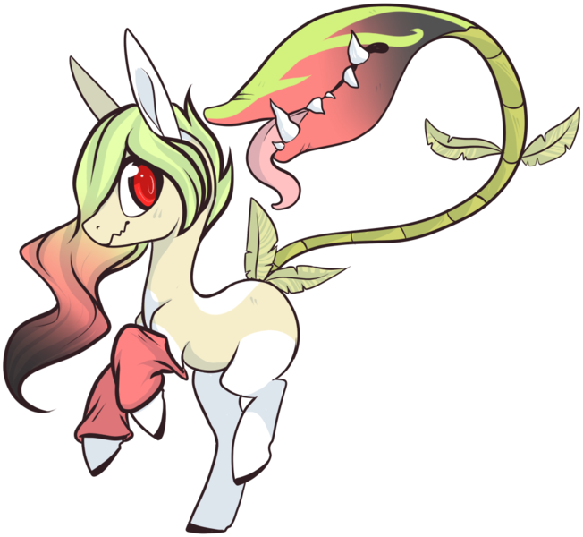 Size: 1000x920 | Tagged: safe, artist:ponns, banned from derpibooru, deleted from derpibooru, derpibooru import, oc, unofficial characters only, monster pony, original species, piranha plant pony, plant pony, augmented tail, base used, colored hooves, fangs, leg warmers, plant, rearing, simple background, tongue out, transparent background