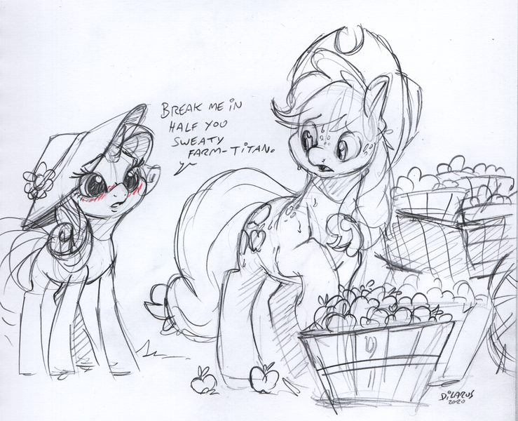 Size: 2389x1939 | Tagged: suggestive, artist:dilarus, banned from derpibooru, deleted from derpibooru, derpibooru import, applejack, rarity, earth pony, pony, unicorn, apple, applejack's hat, blushing, cart, cowboy hat, dialogue, female, food, freckles, hat, lesbian, mare, rarijack, shipping, simple background, traditional art, white background