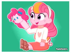 Size: 1728x1296 | Tagged: safe, artist:paulysentry, banned from derpibooru, deleted from derpibooru, derpibooru import, pinkie pie, oc, oc:honeycrisp blossom, equestria girls, clothes, cute, freckles, hand puppet, headband, offspring, parent:big macintosh, parent:princess cadance, parents:cadmac, puppet, shoes, sitting, skirt, solo