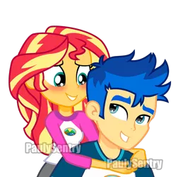 Size: 1920x1927 | Tagged: safe, artist:paulysentry, banned from derpibooru, deleted from derpibooru, derpibooru import, flash sentry, sunset shimmer, equestria girls, blushing, camp everfree outfits, cute, female, flashimmer, male, piggyback ride, shipping, simple background, smiling, straight, transparent background, watermark