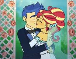 Size: 1500x1170 | Tagged: safe, artist:verumteednp, banned from derpibooru, deleted from derpibooru, derpibooru import, flash sentry, sunset shimmer, equestria girls, bare shoulders, clothes, dress, eyes closed, female, flashimmer, kissing, lipstick, male, shipping, sleeveless, straight, strapless, wedding dress