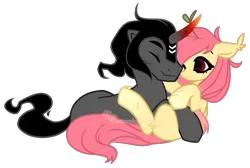 Size: 1145x771 | Tagged: safe, artist:axolotlshy, banned from derpibooru, deleted from derpibooru, derpibooru import, king sombra, oc, oc:shy sprout, pegasus, unicorn, canon x oc, cuddling, curved horn, ear fluff, horn, not fluttershy, red eyes, scar, simple background, transparent background