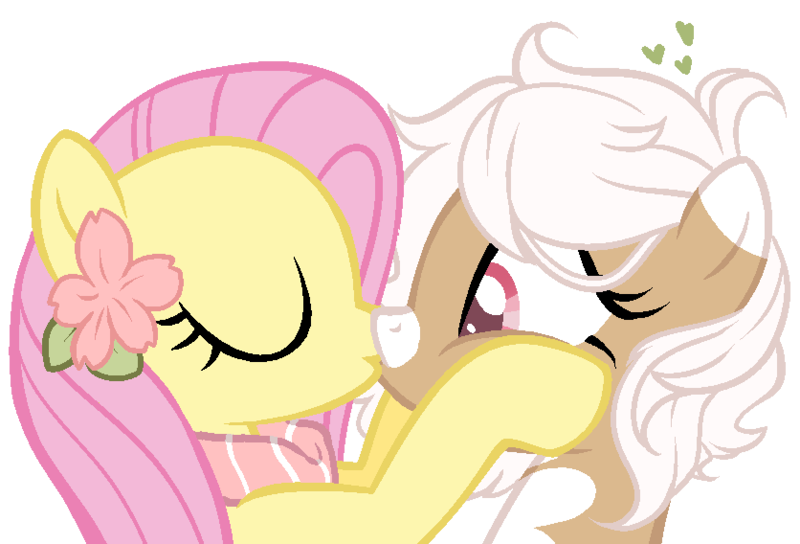 Size: 836x568 | Tagged: safe, artist:axolotlshy, banned from derpibooru, deleted from derpibooru, derpibooru import, fluttershy, oc, oc:bloom, unofficial characters only, original species, pegasus, plant pony, pony, base used, canon x oc, cheek squish, eyes closed, female, flower, flower in hair, heart, kissing, lesbian, mare, plant, simple background, squishy cheeks, transparent background