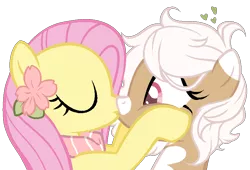 Size: 836x568 | Tagged: safe, artist:axolotlshy, banned from derpibooru, deleted from derpibooru, derpibooru import, fluttershy, oc, oc:bloom, unofficial characters only, original species, pegasus, plant pony, pony, base used, canon x oc, cheek squish, eyes closed, female, flower, flower in hair, heart, kissing, lesbian, mare, plant, simple background, squishy cheeks, transparent background