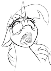 Size: 504x707 | Tagged: safe, artist:acesential, banned from derpibooru, deleted from derpibooru, derpibooru import, twilight sparkle, pony, unicorn, black and white, bust, doodle, expression, female, grayscale, mare, monochrome, open mouth, simple background, solo, surprised, white background