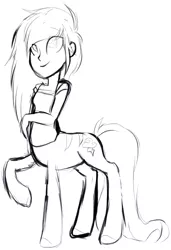 Size: 890x1299 | Tagged: safe, artist:axolotlshy, banned from derpibooru, deleted from derpibooru, derpibooru import, oc, unofficial characters only, centaur, clothes, lineart, monochrome, raised hoof, smiling, solo