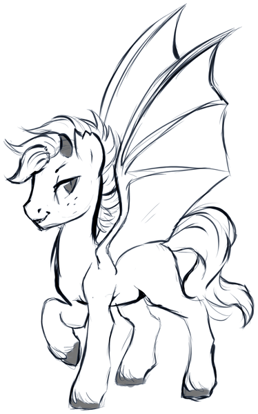 Size: 945x1518 | Tagged: safe, artist:axolotlshy, banned from derpibooru, deleted from derpibooru, derpibooru import, oc, unofficial characters only, demon, demon pony, original species, bat wings, colored hooves, horn, lineart, monochrome, raised hoof, solo, wings