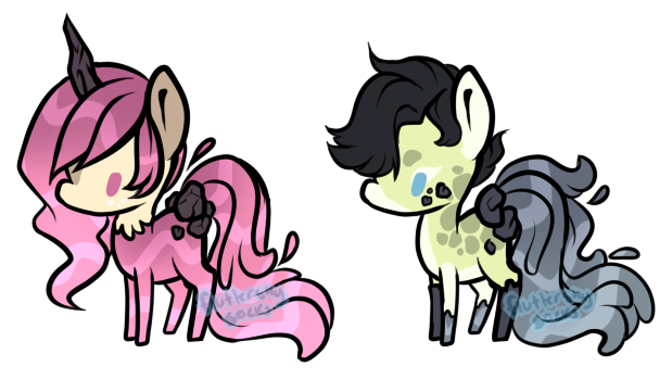 Size: 619x349 | Tagged: safe, artist:axolotlshy, banned from derpibooru, deleted from derpibooru, derpibooru import, oc, unofficial characters only, earth pony, pony, unicorn, base used, chibi, duo, earth pony oc, horn, simple background, transparent background, unicorn oc