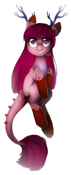 Size: 693x1714 | Tagged: safe, artist:axolotlshy, banned from derpibooru, deleted from derpibooru, derpibooru import, oc, unofficial characters only, original species, antlers, leonine tail, looking up, simple background, smiling, socks (coat marking), solo, white background