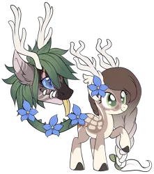 Size: 1548x1749 | Tagged: safe, artist:axolotlshy, banned from derpibooru, deleted from derpibooru, derpibooru import, oc, unofficial characters only, cow plant pony, monster pony, original species, plant pony, antlers, augmented tail, braid, colored hooves, ear fluff, fangs, flower, flower in hair, plant, raised hoof, smiling, tongue out
