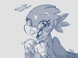 Size: 3152x2360 | Tagged: safe, artist:dilarus, banned from derpibooru, deleted from derpibooru, derpibooru import, gabby, gryphon, cute, digital art, excited, female, gabbybetes, high res, monochrome, onomatopoeia, signature, simple background, solo, white background