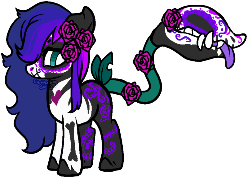 Size: 998x716 | Tagged: safe, artist:axolotlshy, banned from derpibooru, deleted from derpibooru, derpibooru import, oc, unofficial characters only, monster pony, original species, piranha plant pony, plant pony, augmented tail, face paint, fangs, flower, flower in hair, plant, rose, simple background, tongue out, transparent background