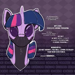 Size: 1280x1280 | Tagged: safe, artist:acesential, banned from derpibooru, deleted from derpibooru, derpibooru import, twilight sparkle, alicorn, drone, female, implied transformation, latex, mare, mind control, rubber drone, solo, transformation