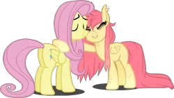 Size: 999x565 | Tagged: safe, artist:axolotlshy, banned from derpibooru, deleted from derpibooru, derpibooru import, fluttershy, oc, oc:shy sprout, pegasus, pony, bags under eyes, base used, duo, eyes closed, female, mare, pegasus oc, scar, side hug, simple background, smiling, transparent background, wings