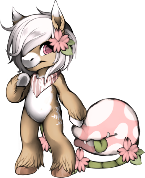 Size: 1111x1358 | Tagged: safe, artist:axolotlshy, banned from derpibooru, deleted from derpibooru, derpibooru import, oc, oc:bloom, oc:blossom, unofficial characters only, monster pony, original species, piranha plant pony, plant pony, semi-anthro, augmented tail, base used, fangs, female, flower, flower in hair, neckerchief, plant, simple background, smiling, tongue out, transparent background, unshorn fetlocks