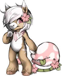 Size: 1111x1358 | Tagged: safe, artist:axolotlshy, banned from derpibooru, deleted from derpibooru, derpibooru import, oc, oc:bloom, oc:blossom, unofficial characters only, monster pony, original species, piranha plant pony, plant pony, semi-anthro, augmented tail, base used, fangs, female, flower, flower in hair, neckerchief, plant, simple background, smiling, tongue out, transparent background, unshorn fetlocks