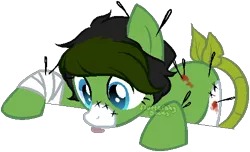 Size: 483x294 | Tagged: safe, artist:axolotlshy, banned from derpibooru, deleted from derpibooru, derpibooru import, oc, unofficial characters only, monster pony, original species, piranha plant pony, plant pony, pony, augmented tail, bandage, base used, blood, licking, needle, plant, simple background, solo, stitches, tongue out, transparent background