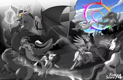 Size: 2686x1760 | Tagged: safe, artist:acesential, banned from derpibooru, deleted from derpibooru, derpibooru import, applejack, big macintosh, discord, fluttershy, pinkie pie, rainbow dash, rarity, shining armor, twilight sparkle, twilight sparkle (alicorn), alicorn, draconequus, earth pony, pegasus, pony, unicorn, fanfic:five score divided by four, angry, applejack's hat, blood, cowboy hat, epic, fanfic art, female, fight, flying, glare, glowing horn, grayscale, gritted teeth, hat, high res, holding, horn, injured, magic, magic aura, male, mane six, mare, medkit, messy mane, messy tail, monochrome, mouth hold, neo noir, nosebleed, one eye closed, open mouth, partial color, raised hoof, rear view, rearing, riding, rope, ruins, sonic rainboom, spread wings, stallion, tattered, tattered wings, telekinesis, tongue out, trail, underhoof, wind, windswept mane, wings