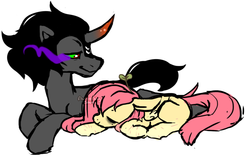 Size: 1510x965 | Tagged: safe, artist:axolotlshy, banned from derpibooru, deleted from derpibooru, derpibooru import, king sombra, oc, oc:shy sprout, unofficial characters only, pegasus, pony, unicorn, canon x oc, curved horn, cute, eyes closed, horn, pegasus oc, prone, simple background, sombra eyes, sombradorable, transparent background, wings