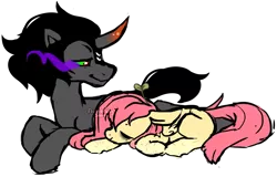 Size: 1510x965 | Tagged: safe, artist:axolotlshy, banned from derpibooru, deleted from derpibooru, derpibooru import, king sombra, oc, oc:shy sprout, unofficial characters only, pegasus, pony, unicorn, canon x oc, curved horn, cute, eyes closed, horn, pegasus oc, prone, simple background, sombra eyes, sombradorable, transparent background, wings