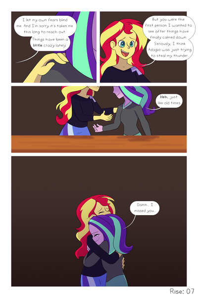 Size: 3000x4500 | Tagged: safe, artist:little-tweenframes, banned from derpibooru, deleted from derpibooru, derpibooru import, aria blaze, sunset shimmer, comic:aria's archives, comic:rise, series:sciset diary, equestria girls, comic, implied lesbian, implied scitwishimmer, implied shipping