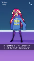 Size: 1080x1920 | Tagged: safe, artist:little-tweenframes, banned from derpibooru, deleted from derpibooru, derpibooru import, sci-twi, sunset shimmer, twilight sparkle, series:sciset diary, equestria girls, clothes, female, implied sci-twi, lesbian, scitwishimmer, shipping, snapchat, socks, sunsetsparkle, thigh highs, zettai ryouiki