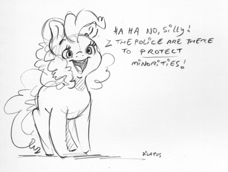 Size: 1535x1161 | Tagged: safe, artist:dilarus, banned from derpibooru, deleted from derpibooru, derpibooru import, pinkie pie, earth pony, pony, black lives matter, dialogue, female, george floyd protests, irony, mare, monochrome, mouthpiece, politics, sarcasm, signature, simple background, solo, traditional art, white background