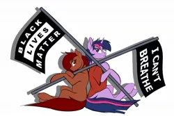 Size: 1280x853 | Tagged: safe, artist:acesential, banned from derpibooru, deleted from derpibooru, derpibooru import, twilight sparkle, oc, oc:acesential, earth pony, pony, unicorn, black lives matter, drama bait, female, flag, george floyd, george floyd protests, mare, mouthpiece, politics, simple background, white background
