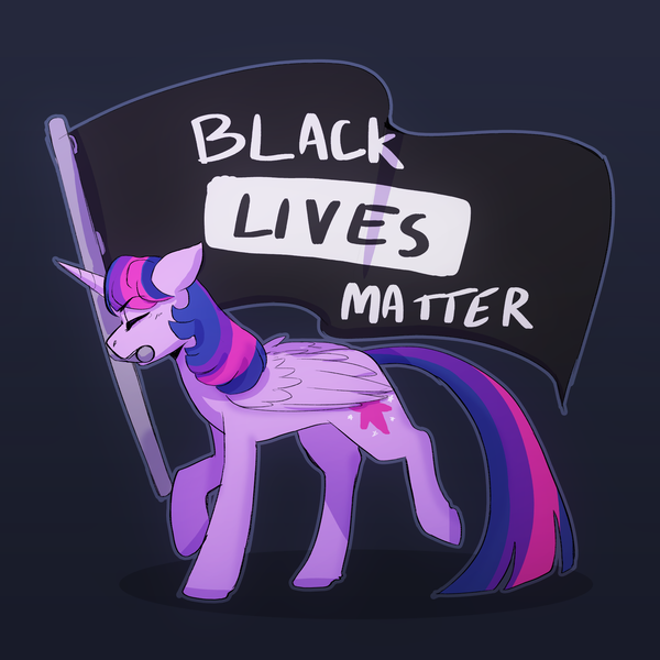 Size: 2000x2000 | Tagged: safe, artist:little-tweenframes, banned from derpibooru, deleted from derpibooru, derpibooru import, twilight sparkle, twilight sparkle (alicorn), alicorn, pony, black background, black lives matter, colored hooves, eyes closed, female, flag, mare, mouth hold, mouthpiece, politics, simple background, solo