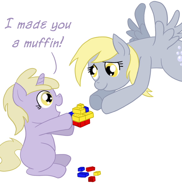 Size: 800x821 | Tagged: dead source, safe, artist:atlur, banned from derpibooru, deleted from derpibooru, derpibooru import, derpy hooves, dinky hooves, pegasus, pony, unicorn, equestria's best daughter, female, filly, food, lego, mare, muffin, newbie artist training grounds, photoshop, simple background, white background