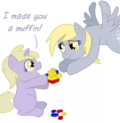 Size: 800x821 | Tagged: dead source, safe, artist:atlur, banned from derpibooru, deleted from derpibooru, derpibooru import, derpy hooves, dinky hooves, pegasus, pony, unicorn, equestria's best daughter, female, filly, food, lego, mare, muffin, newbie artist training grounds, photoshop, simple background, white background